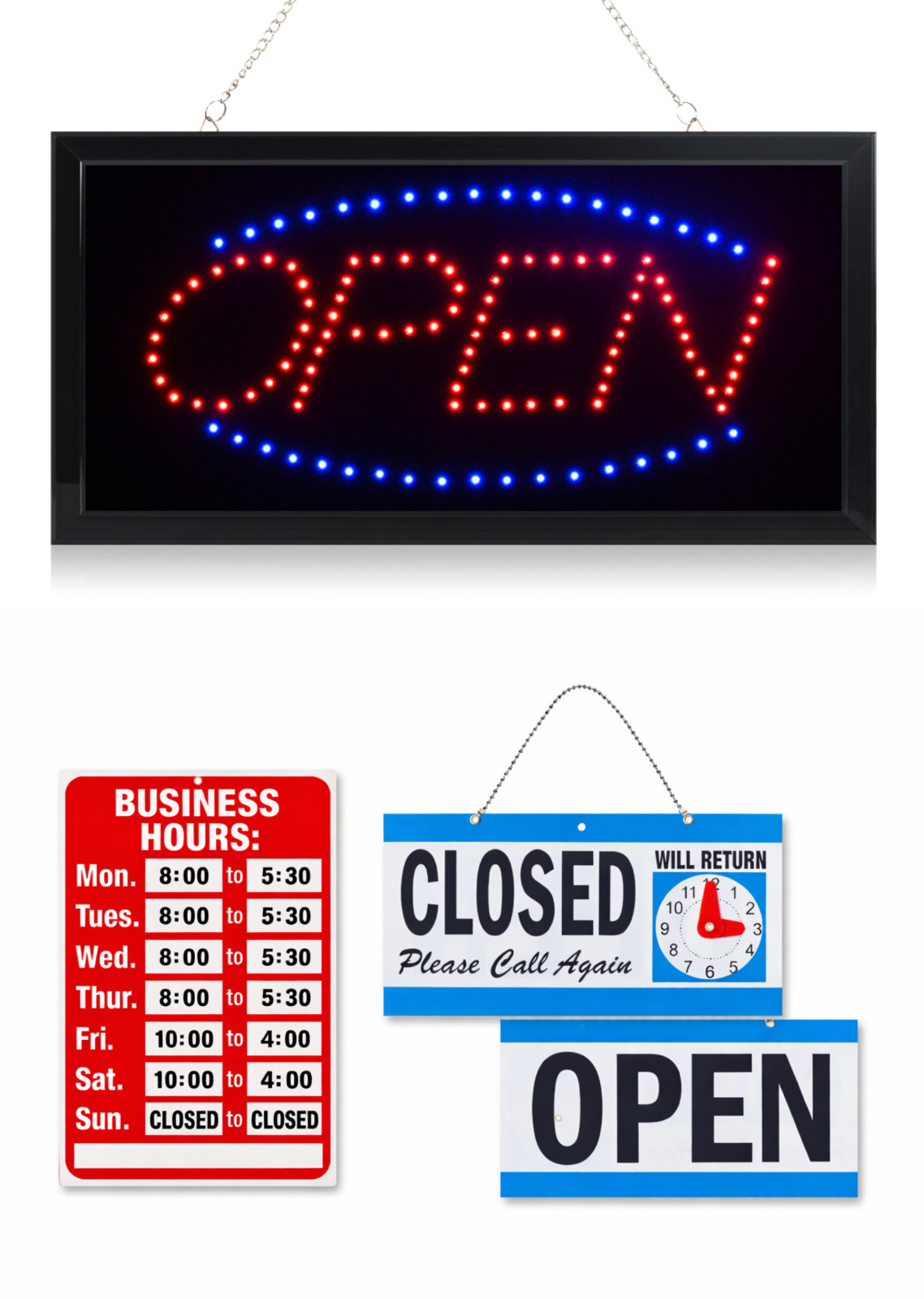 LED Neon Open Sign and Business Hour Sign Bundle for Business – Includes 3 Signs