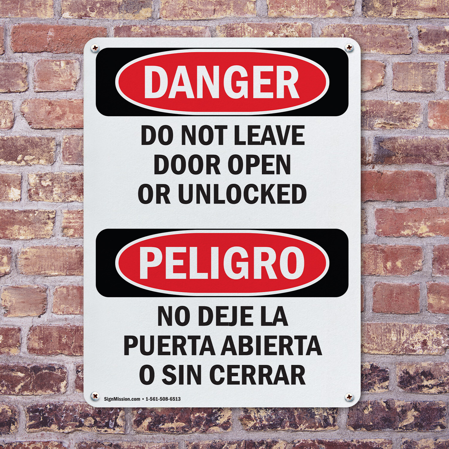(2 Pack) Do Not Leave Door Open Or Unlocked Bilingual OSHA Danger Sign Decal