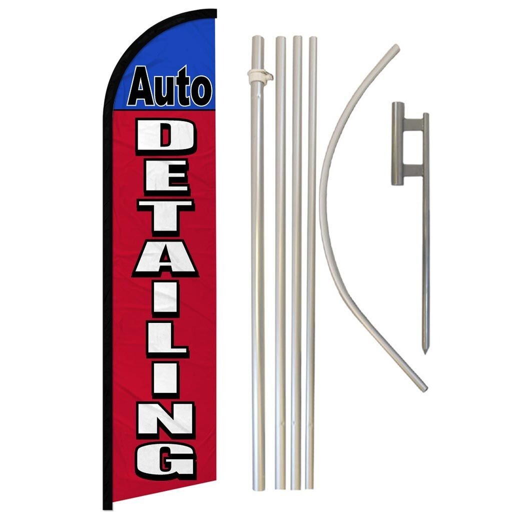 Auto Detailing Windless Advertising Banner Flag & Pole Kit (Red/Blue)