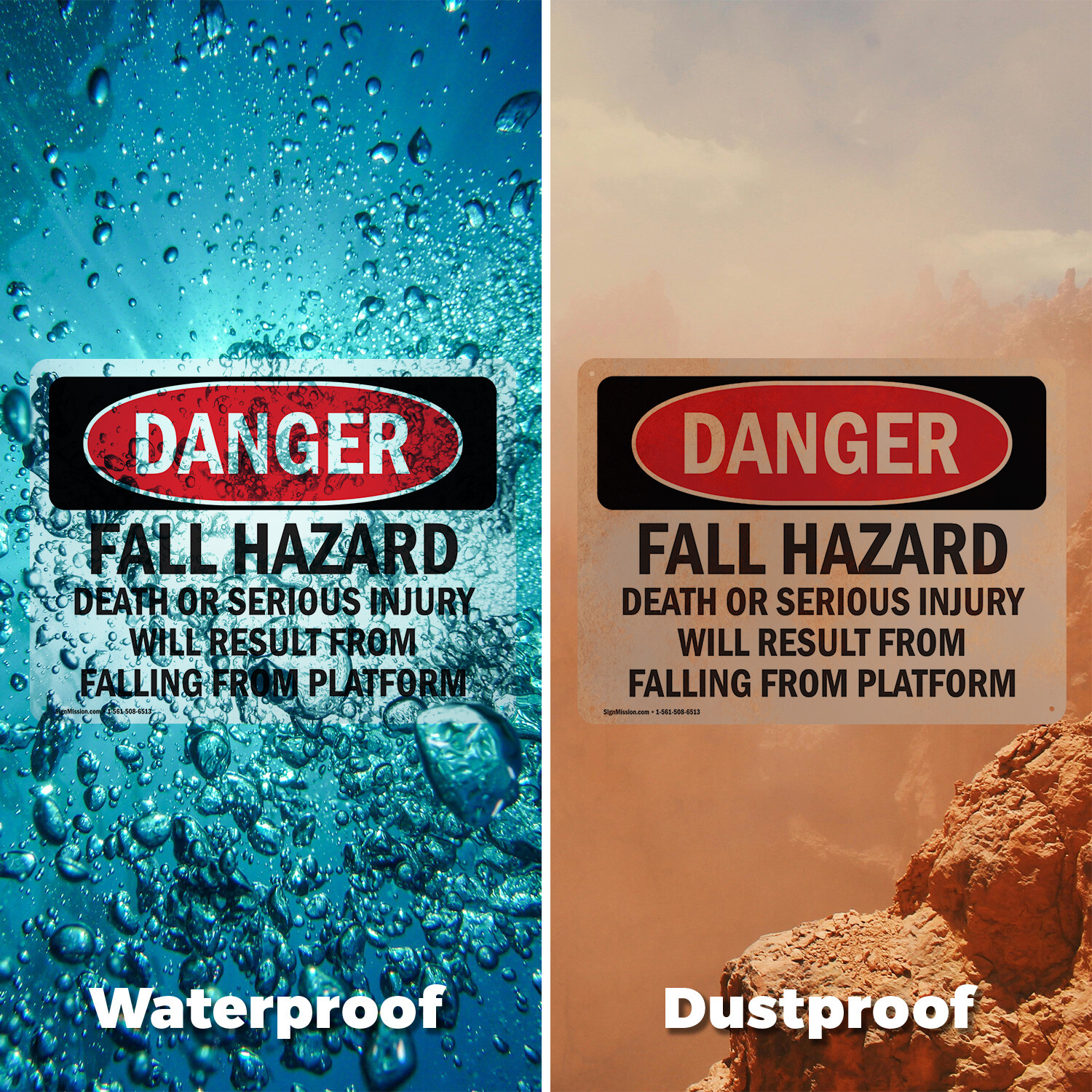 (2 Pack) Fall Hazard Falling From Platform OSHA Danger Sign Decal Metal Plastic