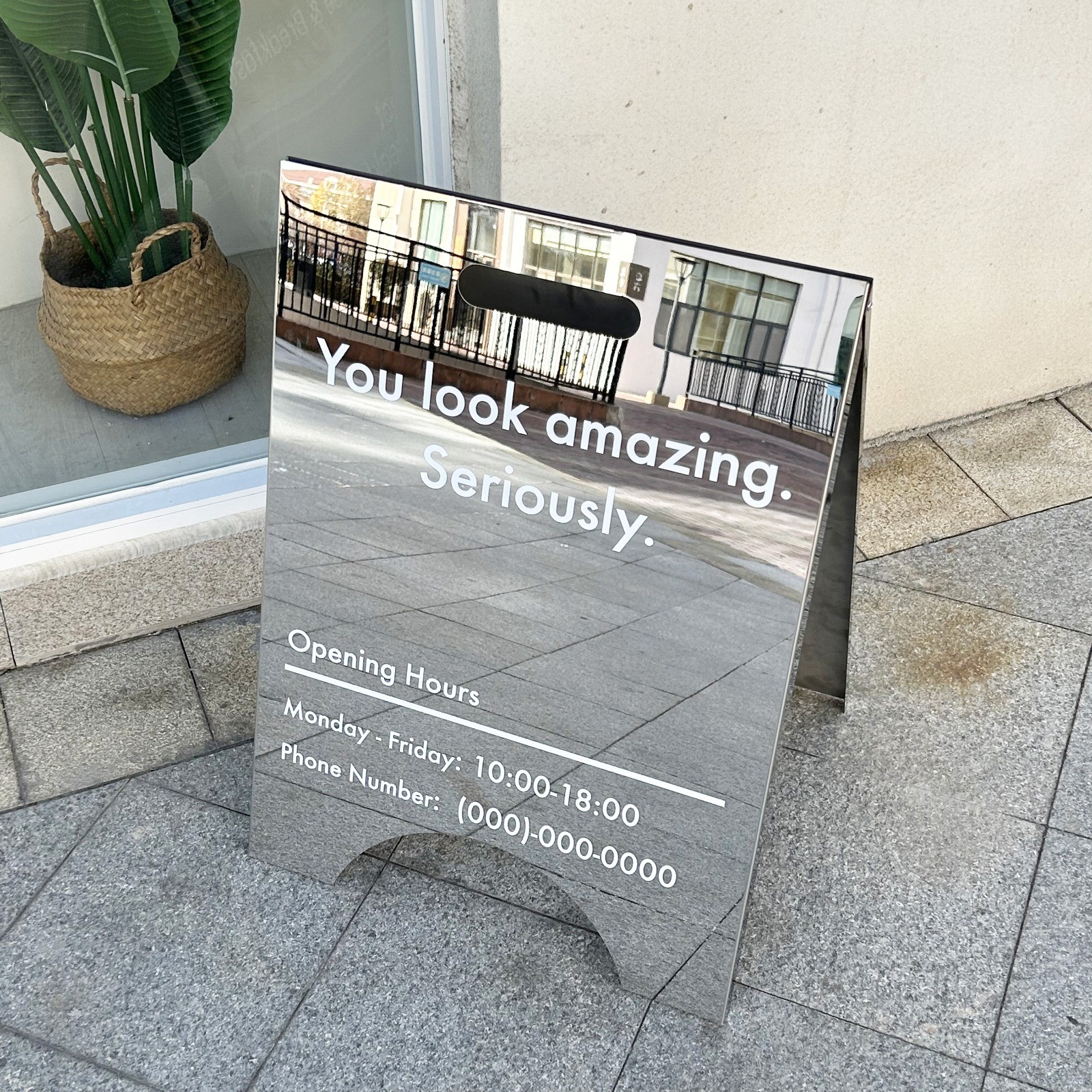 Custom Premium A-Frame Sign Mirror Stainless Steel Store Front Sign Pavement