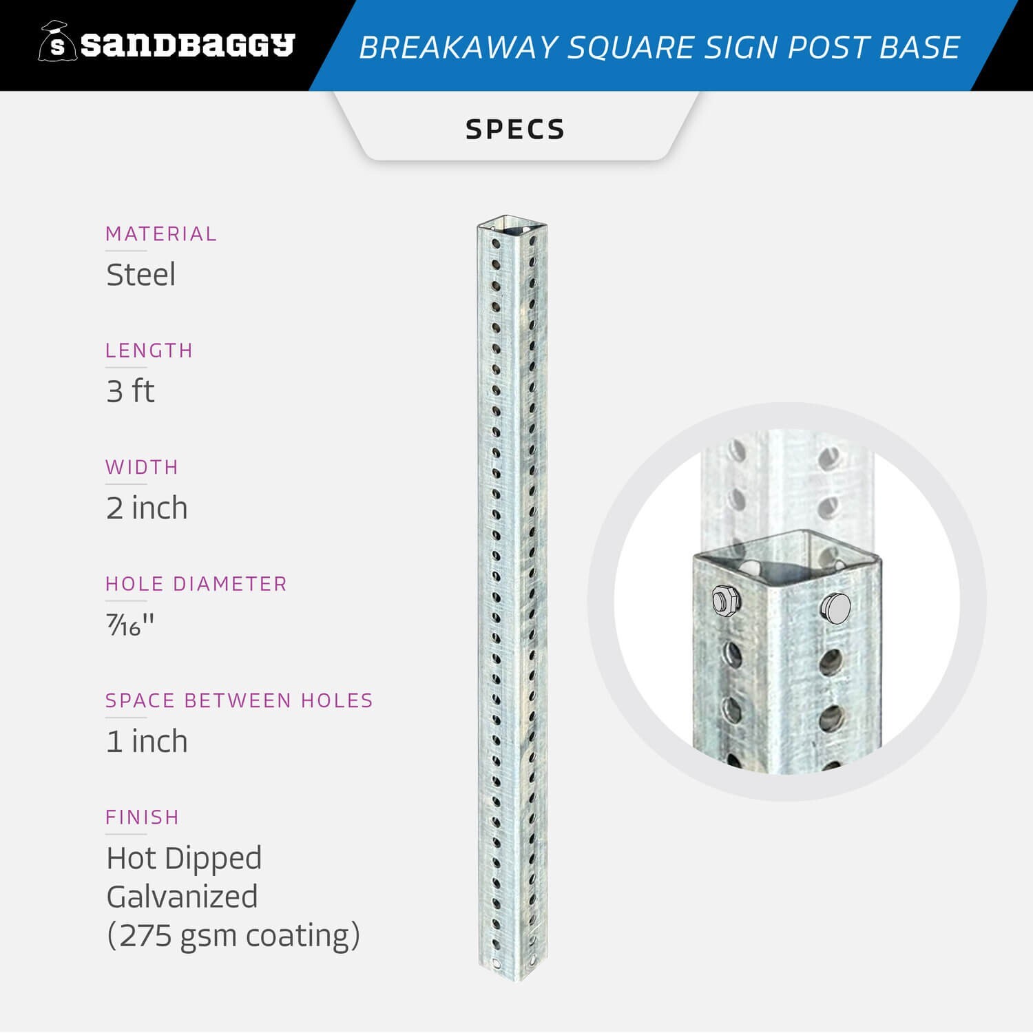Sandbaggy 3 ft Breakaway Square Sign Post Base (Hot Dipped Galvanized)
