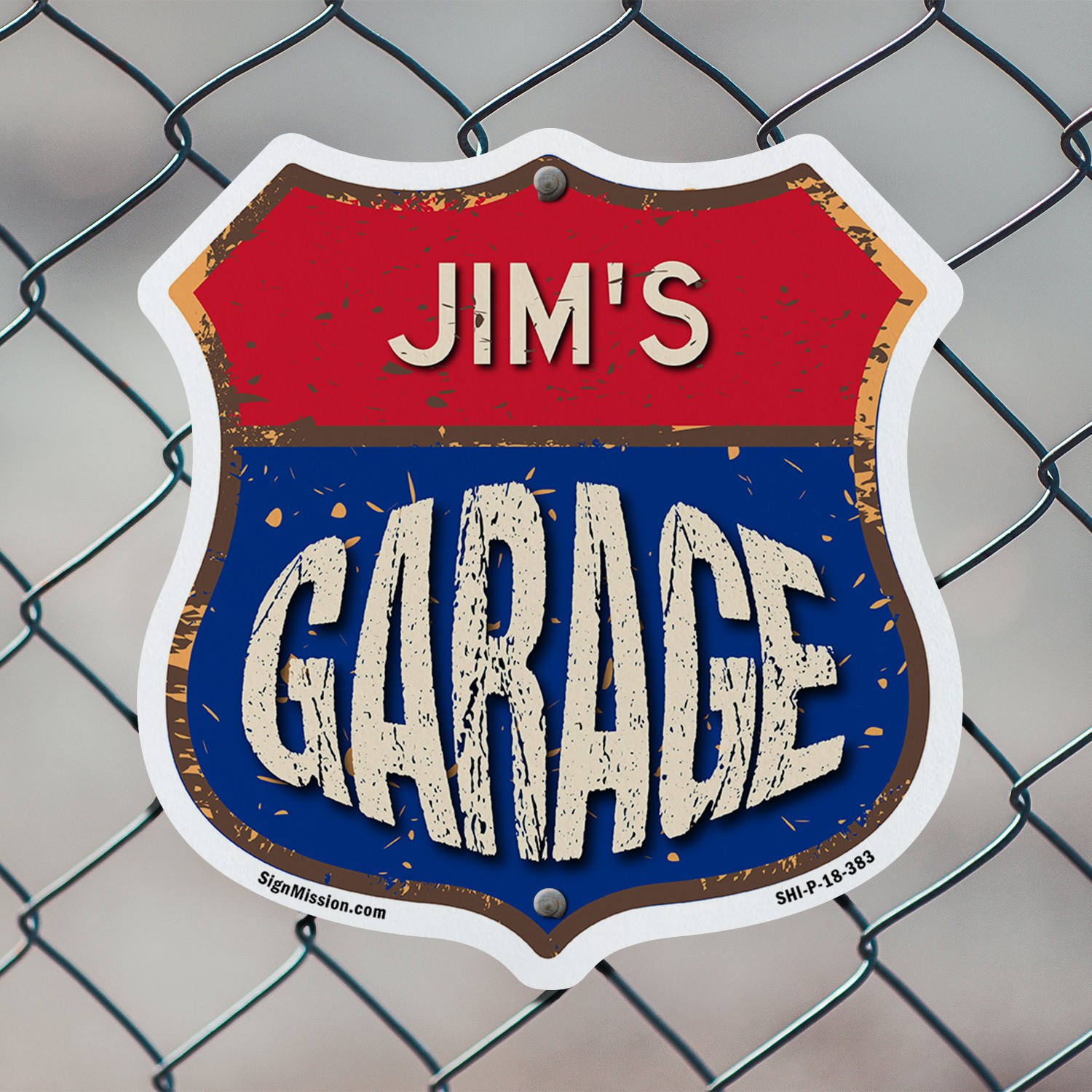 Jim’s Garage Shield Shaped Sign Weather Resistant Crafted in the USA