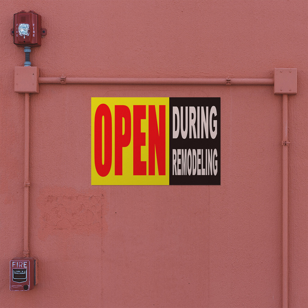 Decal Stickers Open During Remodeling Yellow Business Vinyl Store Sign Label