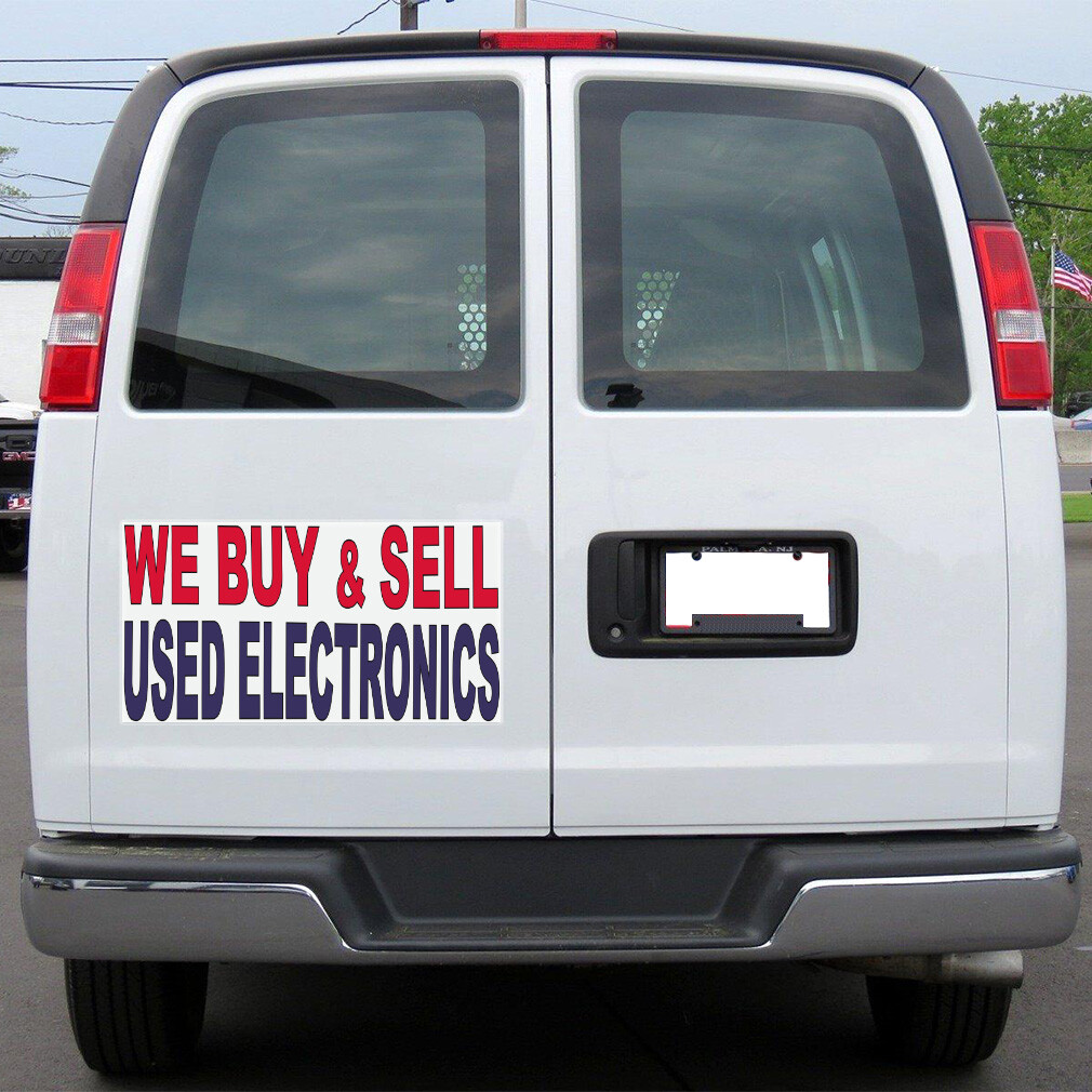 Car Magnet Set of 2 We Buy & Sell Used Electronics Red Blue Industrial Sign