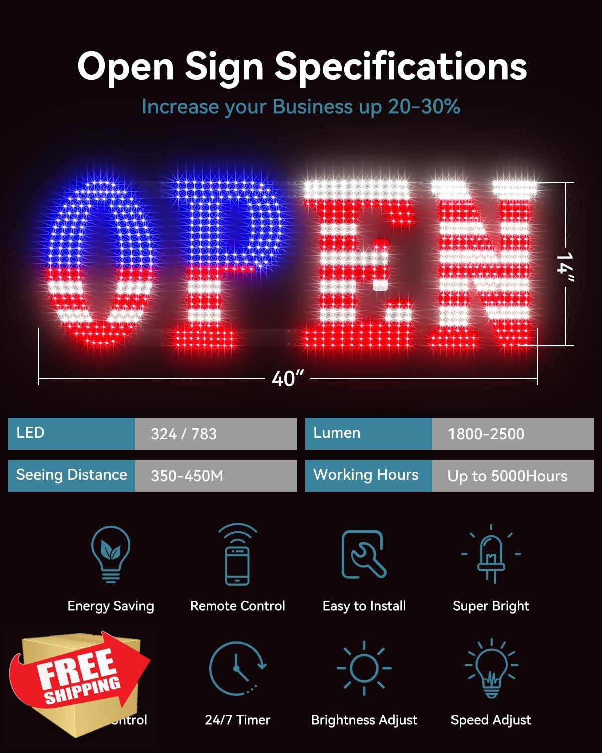 Jumbo LED Open Sign with Timer Remote Control 40×14 Inch