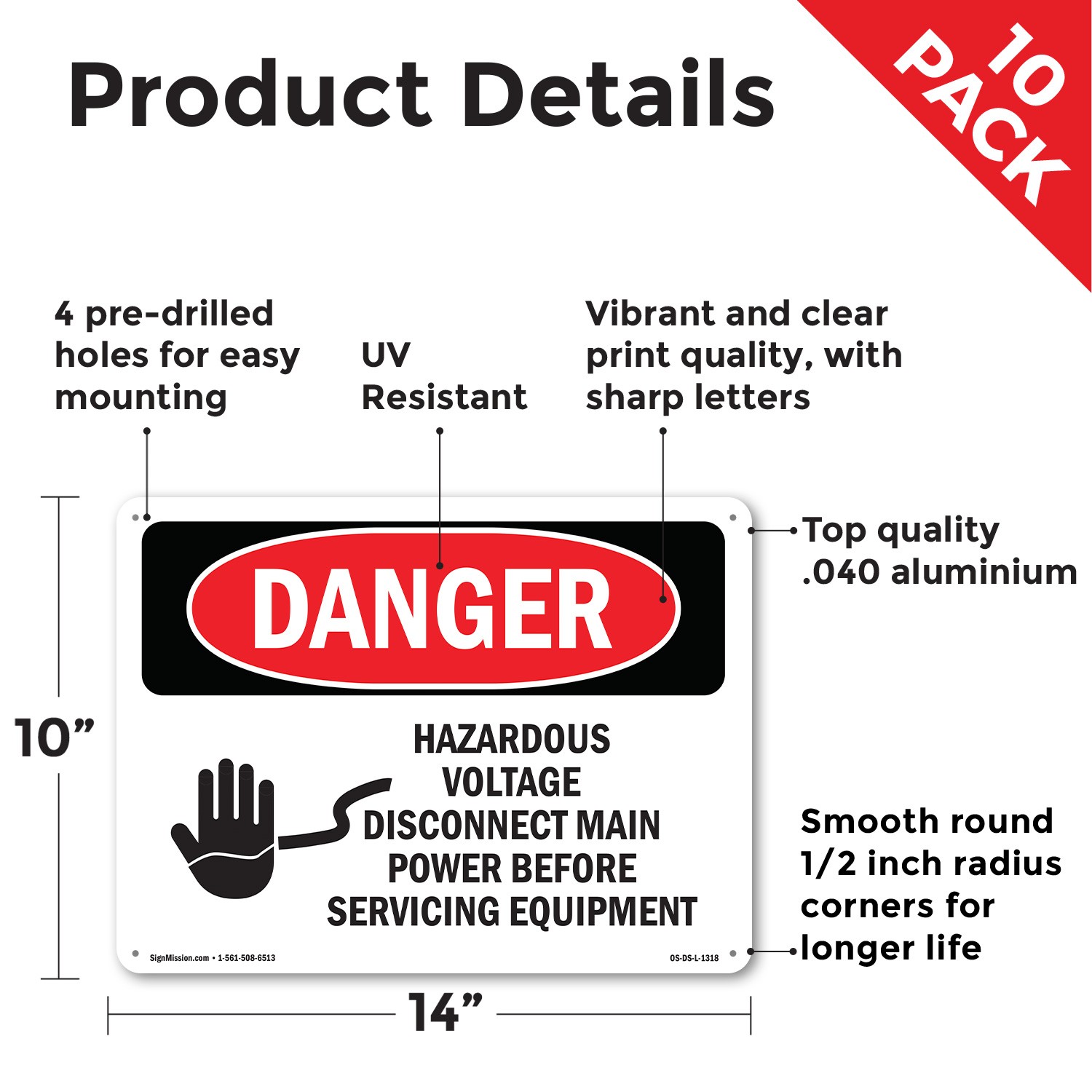 Hazardous Voltage Disconnect Main Power OSHA Danger Sign Or Decal – 5 or 10 Pack