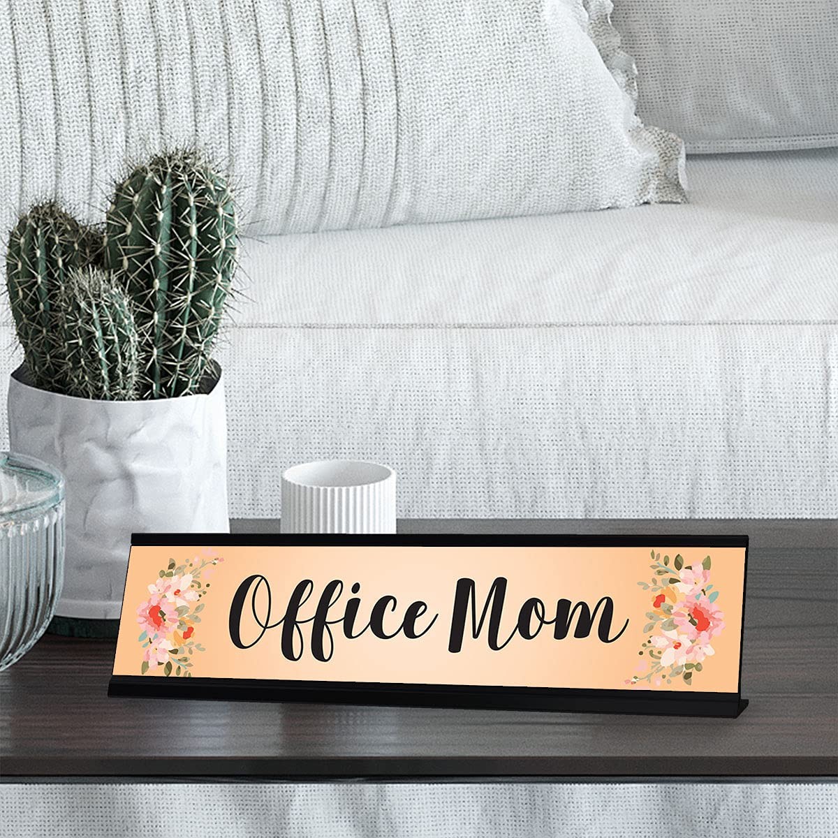 Office Mom, Orange Floral Designer Office Gift Desk Sign (2 x 8″)