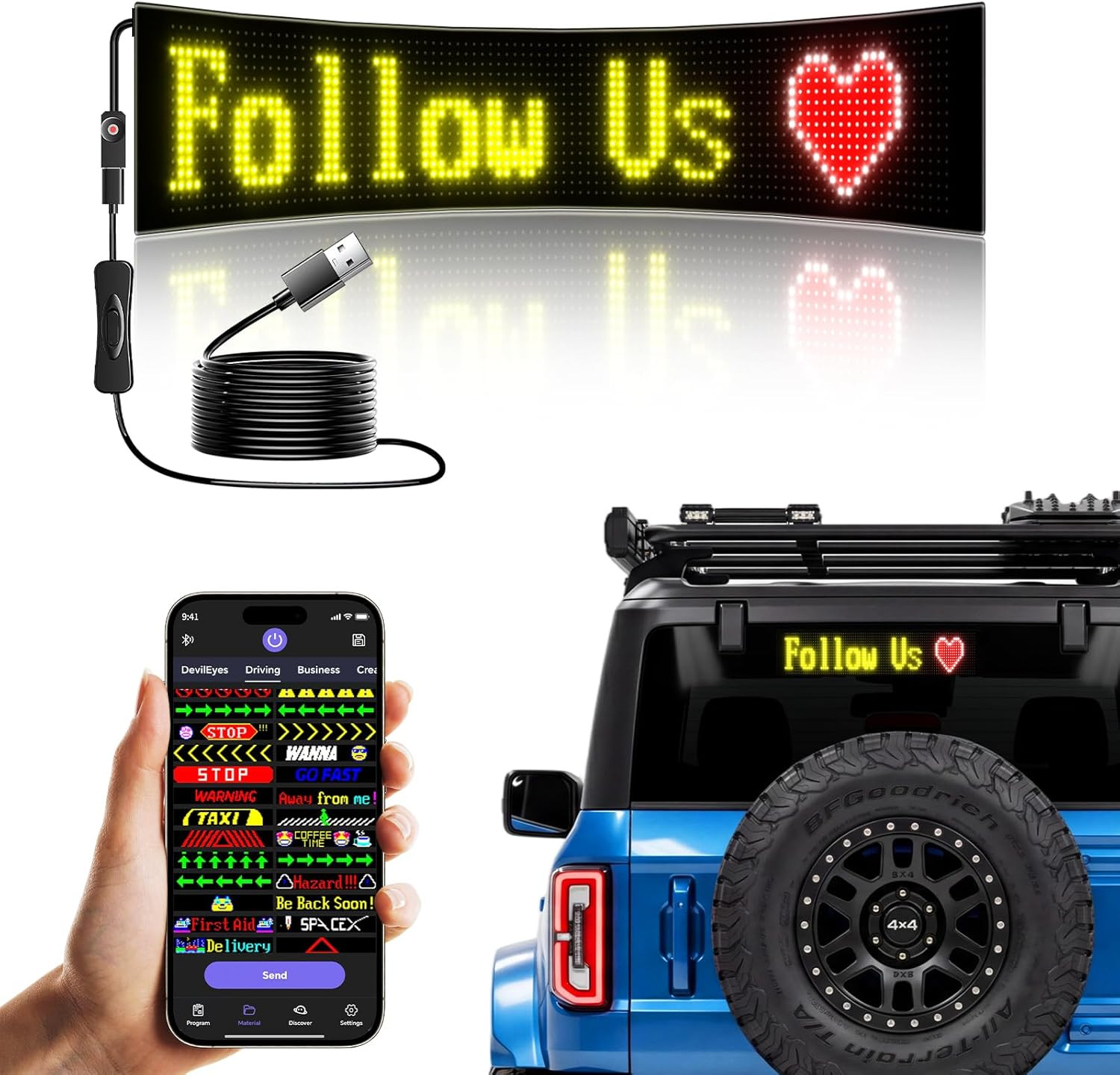 Car Windshield LED Sign Bluetooth APP Controlled Scrolling Display Programmable