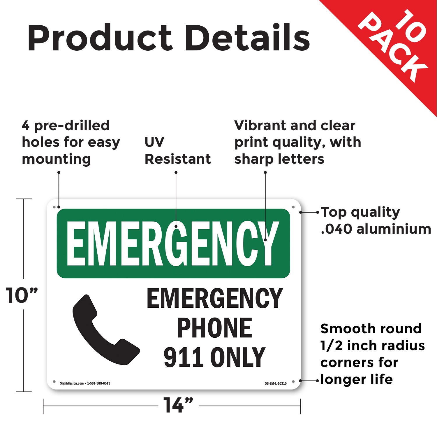 Phone 911 Only OSHA Emergency Sign Metal, Plastic, Or Decal – 5 or 10 Pack