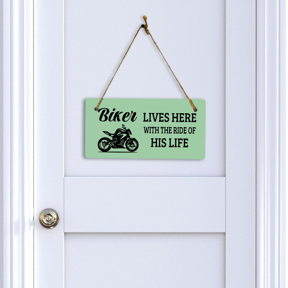 Biker Lives Here With The Ride Of His Life 5″ x 10″ Hanging Wall or Door Sign