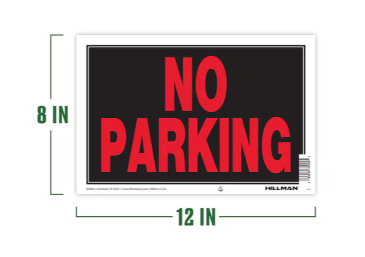 Hillman No Parking Sign 8-in x 12-in Plastic Prohibited Bold Durable Warning NEW