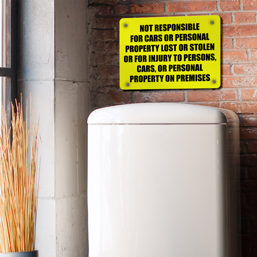 Aluminum Horizontal Metal Sign Not Responsible for Cars Personal Property Yellow