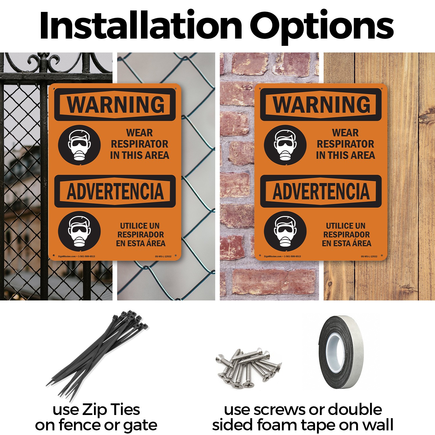 Wear Respirator In This Area Bilingual OSHA WARNING Sign Or Decal – 5 or 10 Pack