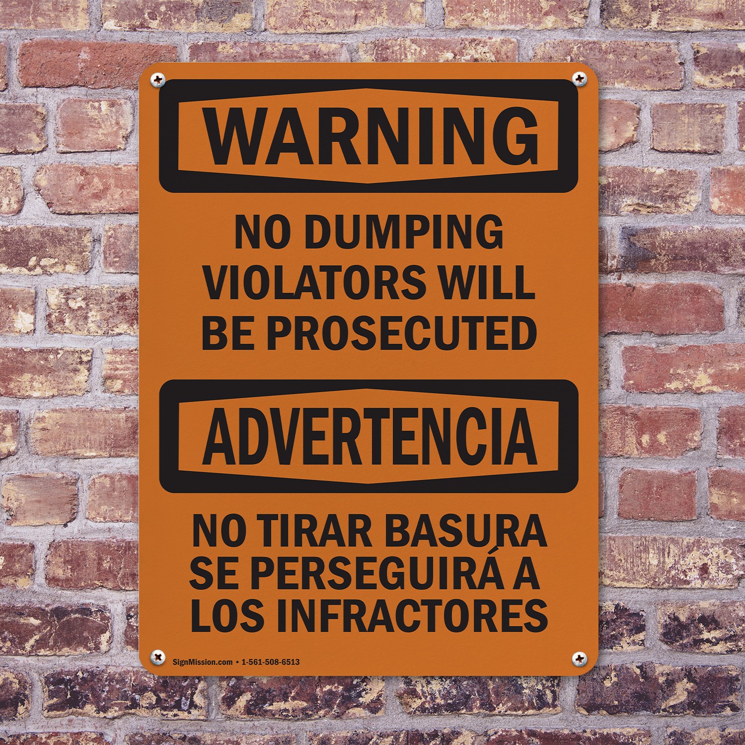 (2 Pack) No Dumping Violators Prosecuted Bilingual OSHA Warning Sign Decal Metal