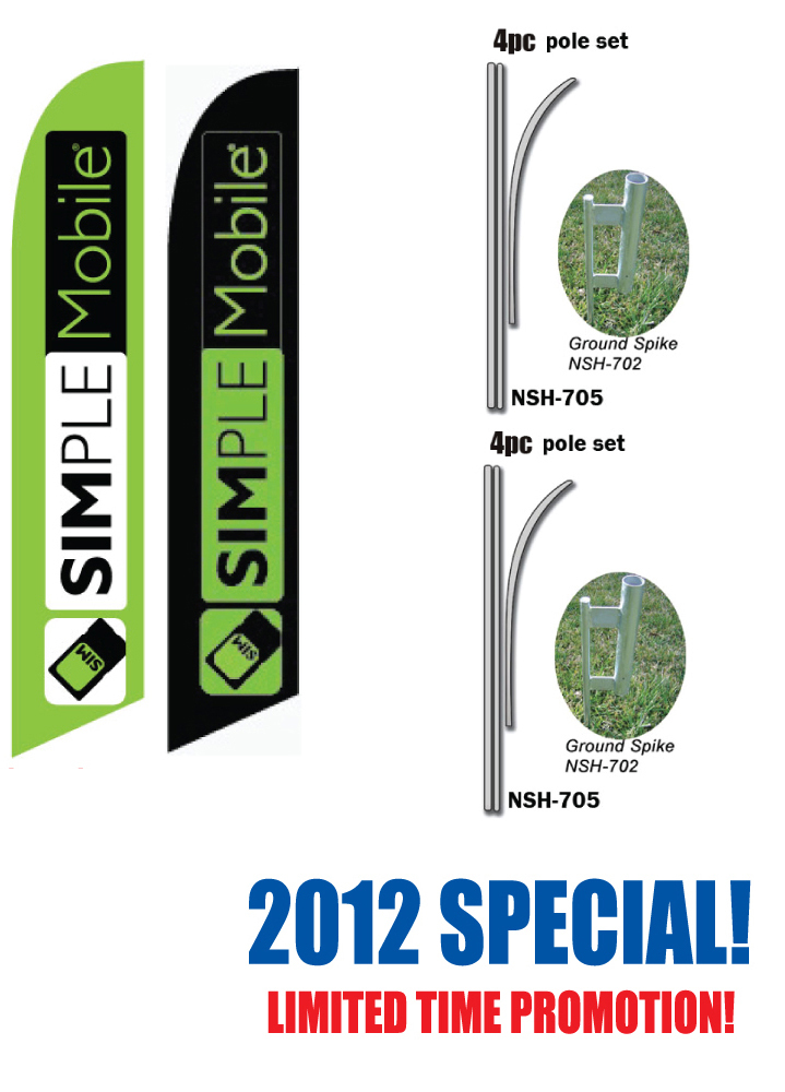 TWO “Simple Mobile” Feather Banner Flag Sets – POLE SETS INCLUDED w/ spikes
