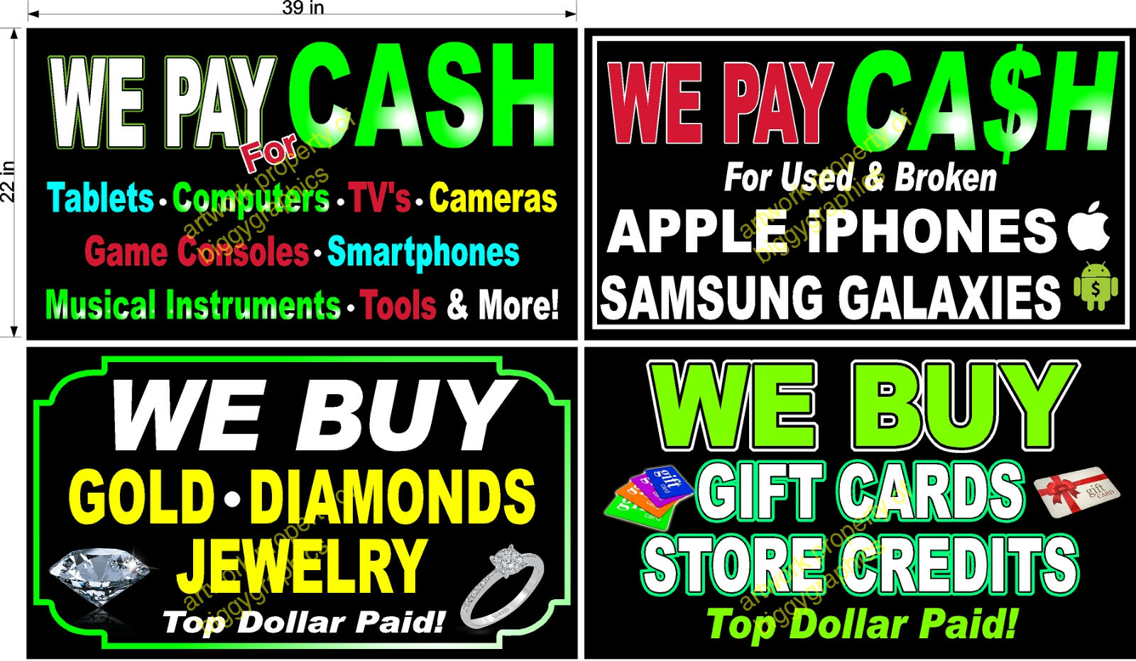 PERFORATED WINDOW VINYL DECALS LOT OF 4 WE BUY GOLD GAMES PHONES JEWELRY 22X39