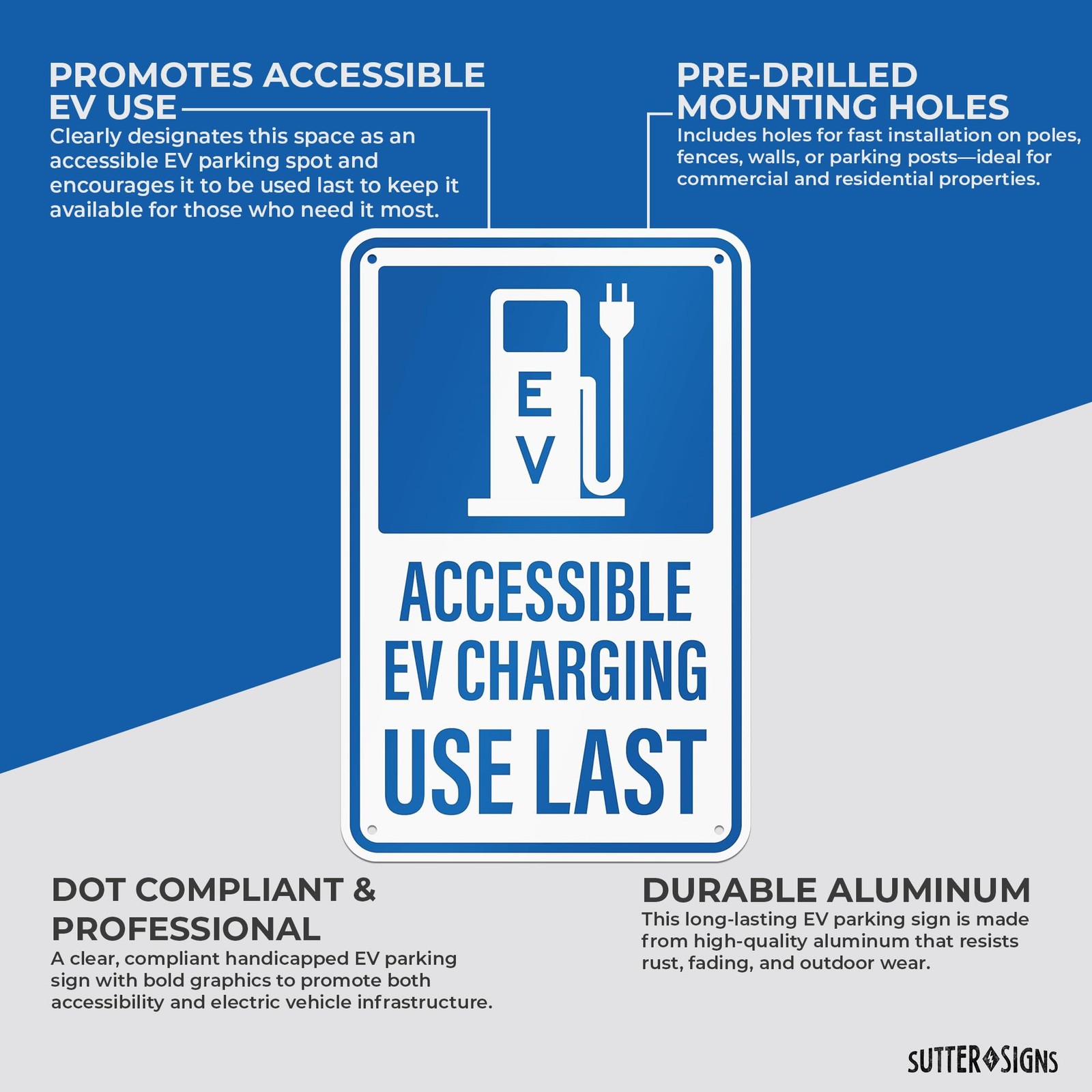 Accessible Electric Vehicle Charging Sign Aluminum EV Parking 12×18 Inch