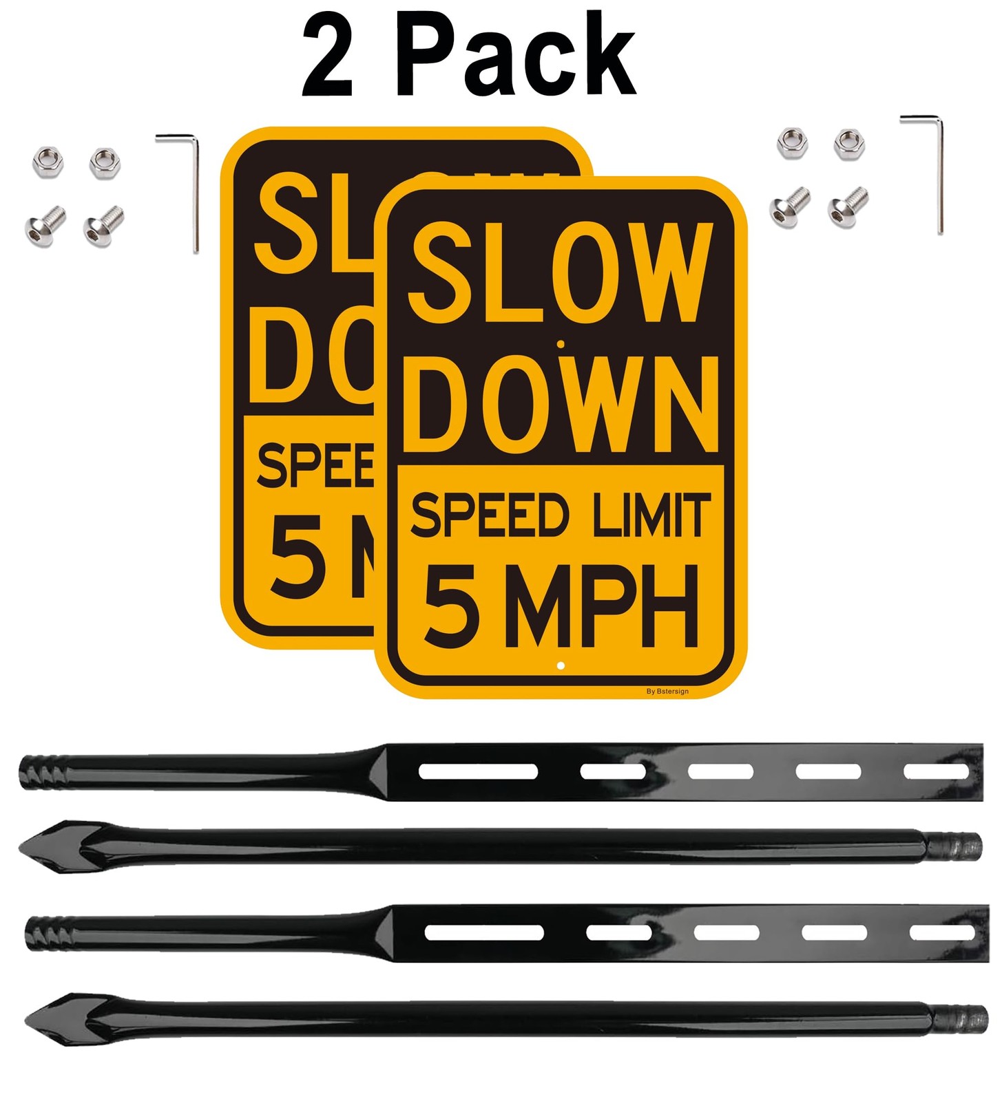 2 Pack Slow Down Speed Limit 5 MPH Sign With 36 Inch Heavy Metal Stake Kit