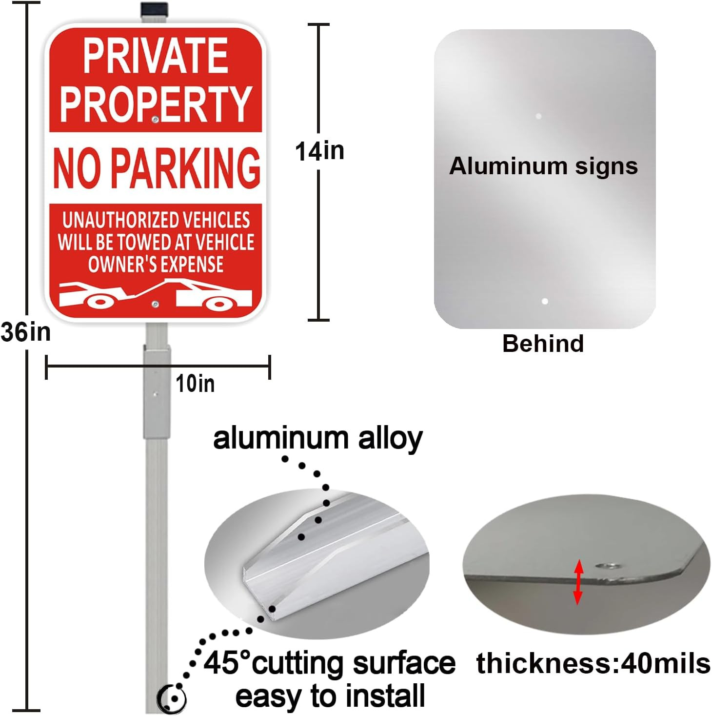 Large Private Property No Parking Sign with Stake – 2 Pack, Reflective Aluminum