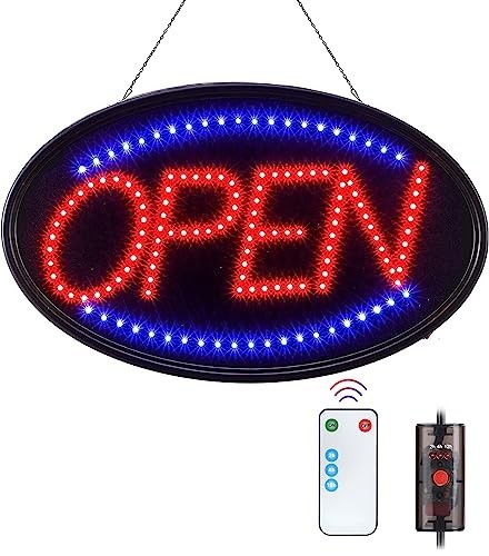 LED Open Sign 23×14 Inch Remote Timer Flash Steady Modes Plug In Window Wall