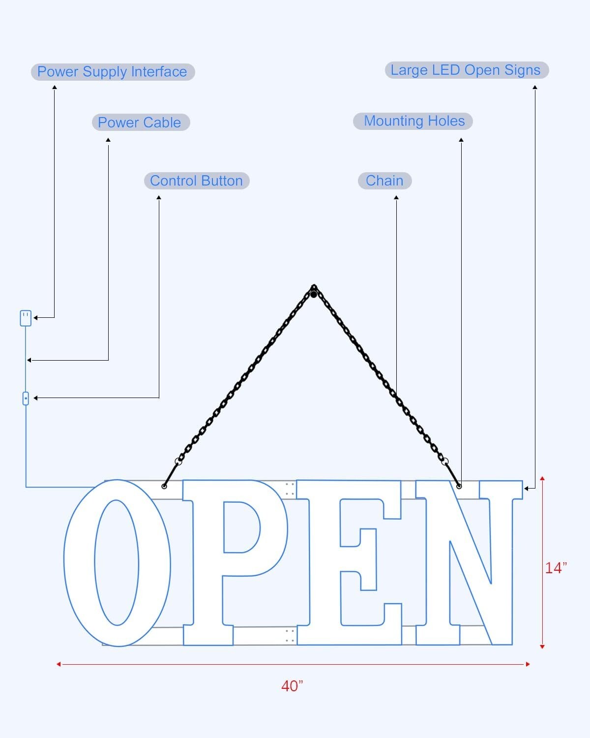 Ultra Bright 40″x14″ Large LED Open Sign for Business with Hanging Installation