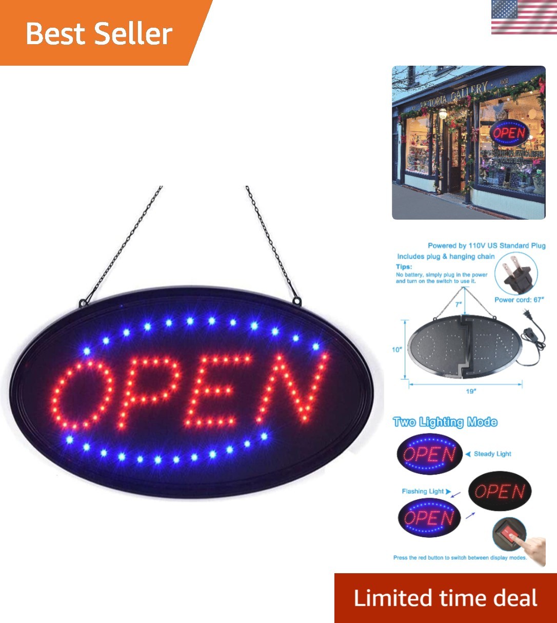 Stylish LED Open Sign, 19″x10″ – Flashing & Steady Modes for All Businesses