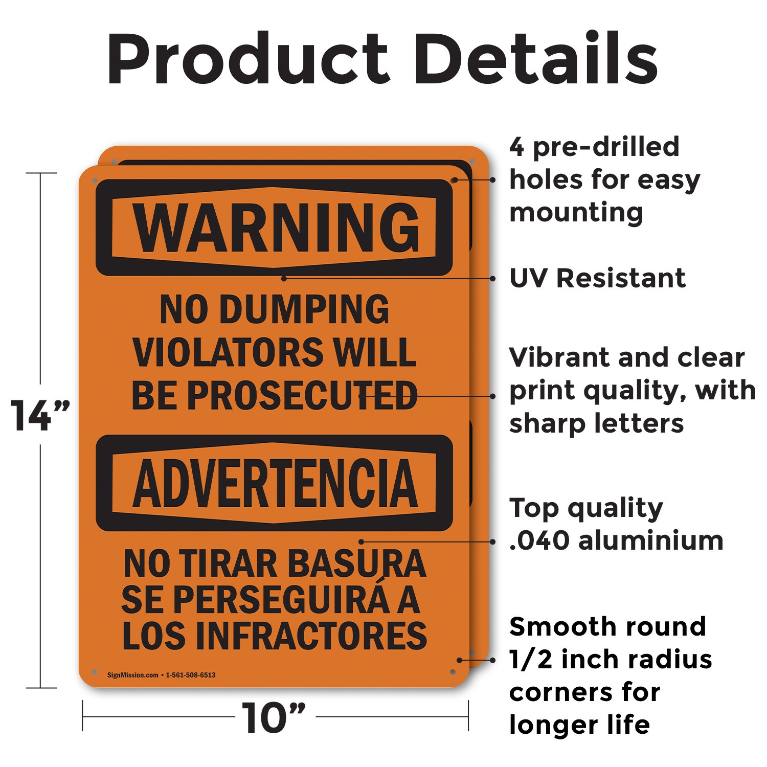 (2 Pack) No Dumping Violators Prosecuted Bilingual OSHA Warning Sign Decal Metal