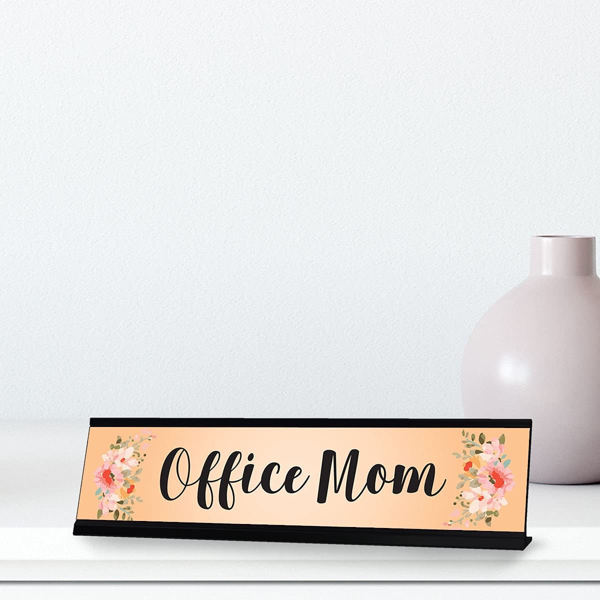 Office Mom, Orange Floral Designer Office Gift Desk Sign (2 x 8″)