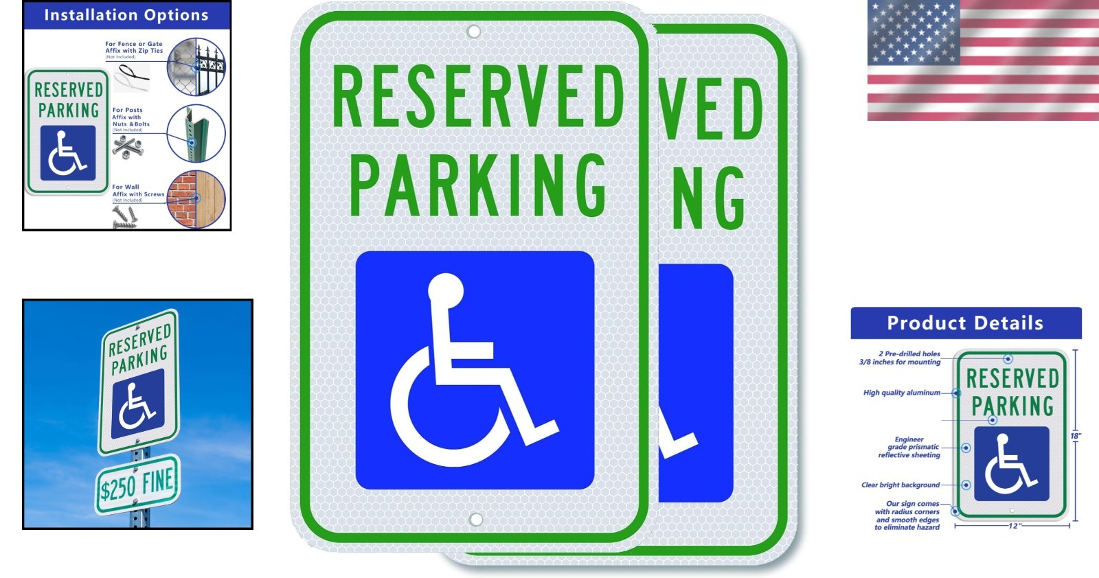 2pcs Aluminum Handicap Sign – Reflective Blue, 18x12in