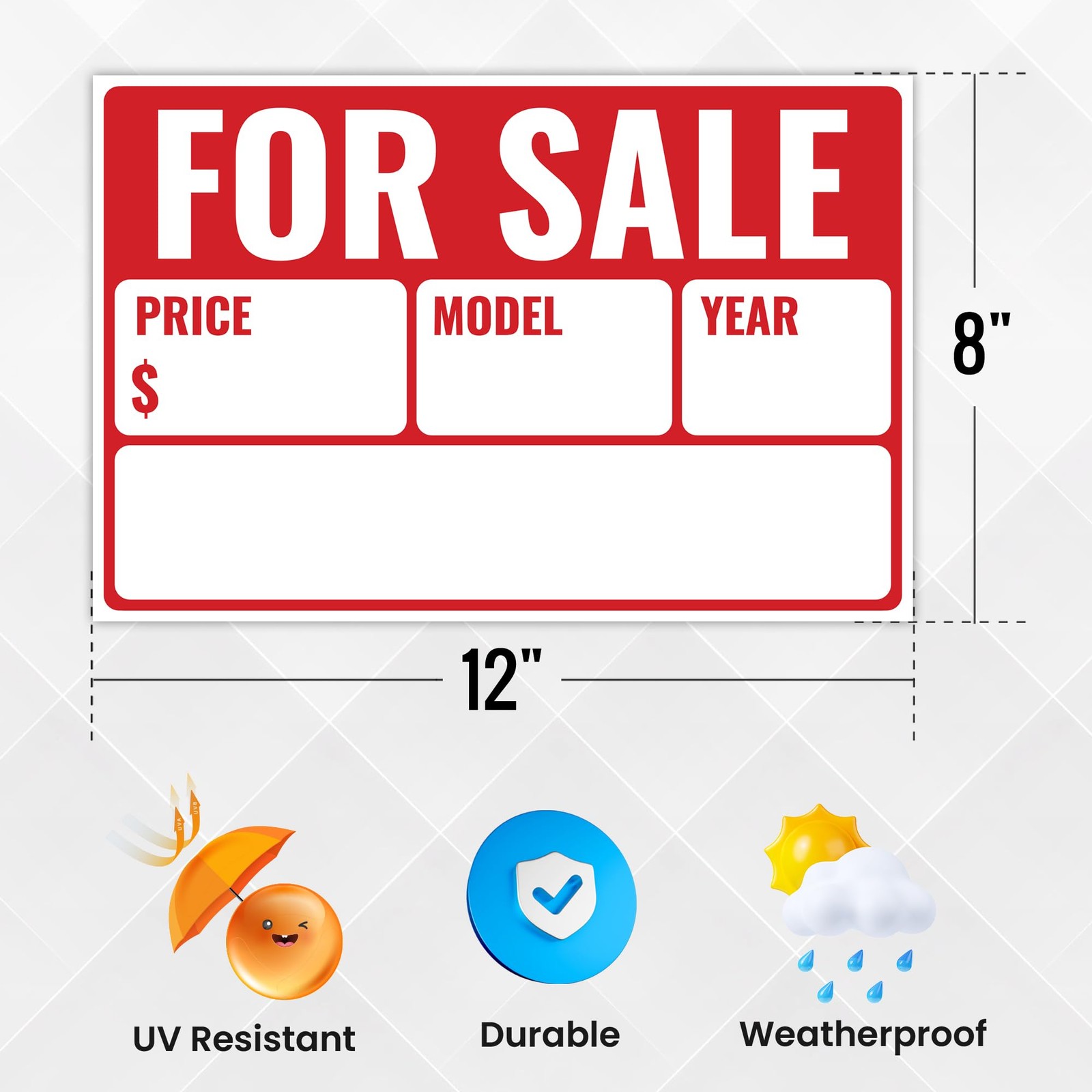 2PC For Sale Sign 12×8 Inch Polystyrene Weatherproof Car Vehicle Boat Window