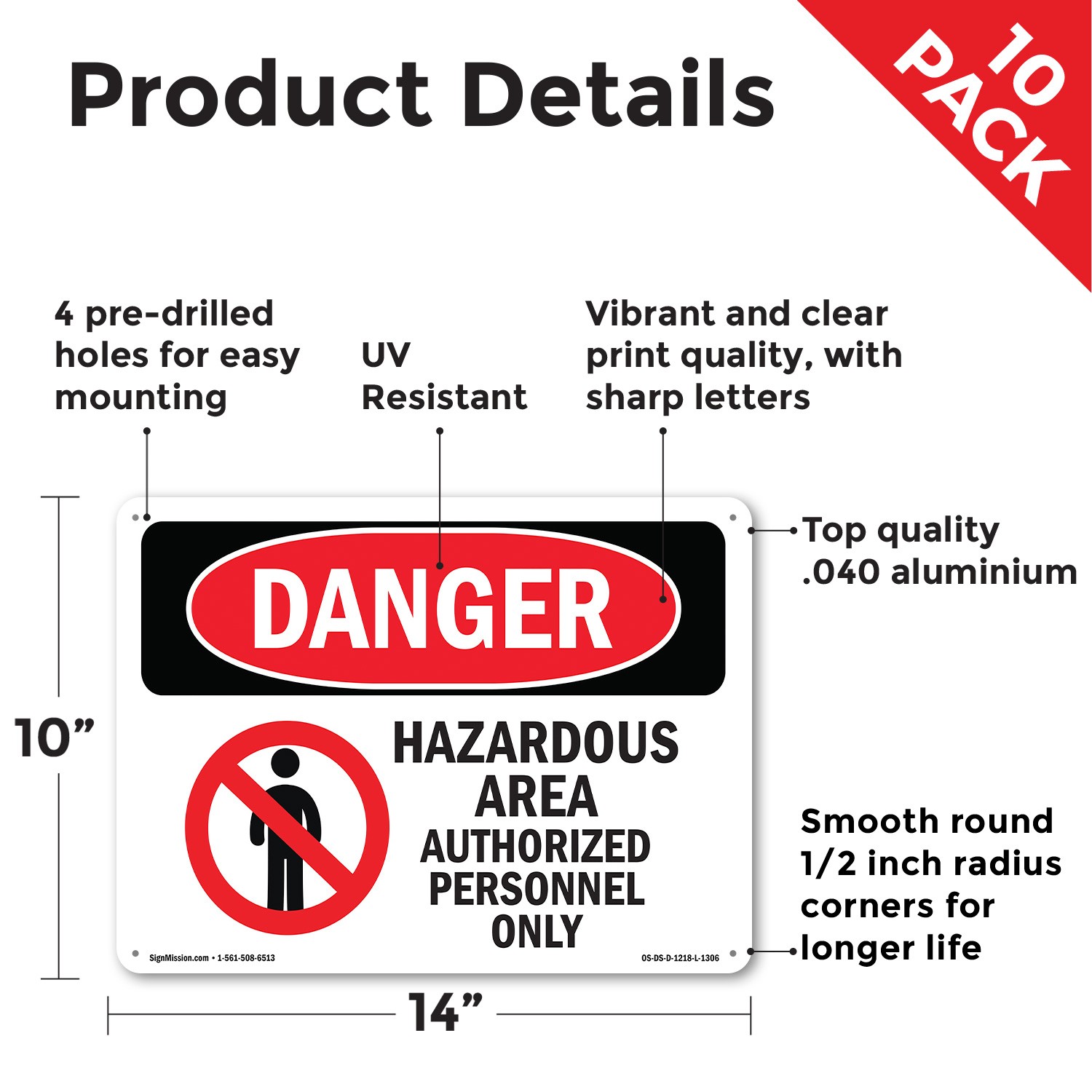 Hazardous Area Authorized Personnel Only OSHA Danger Sign, Decal 5 or 10 Pack
