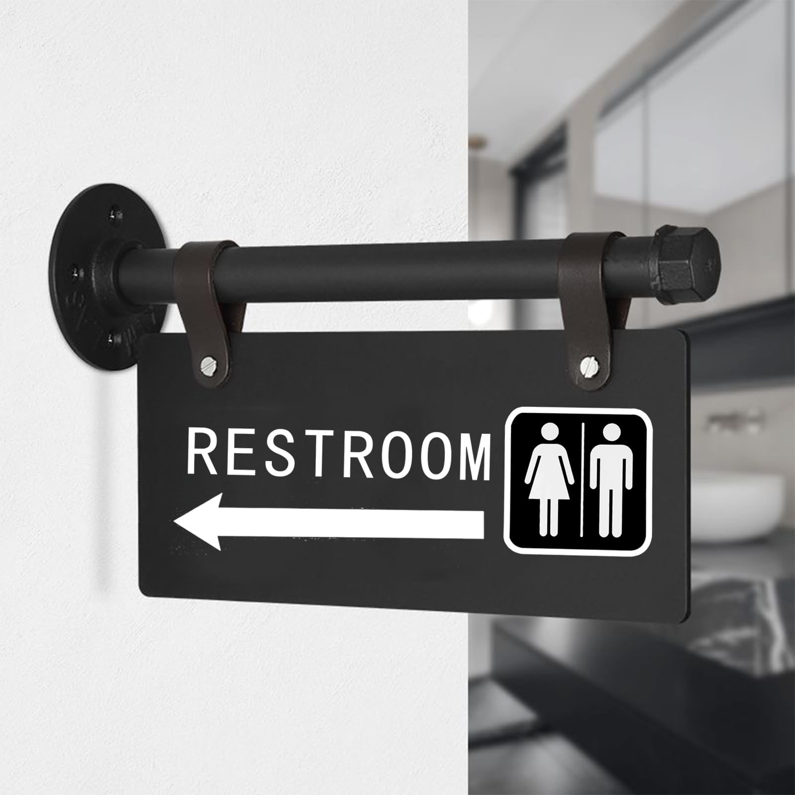 Modern Restroom Sign with Left Arrow,Double Sided,11″ x 6″，Wall-Mounted Unise…