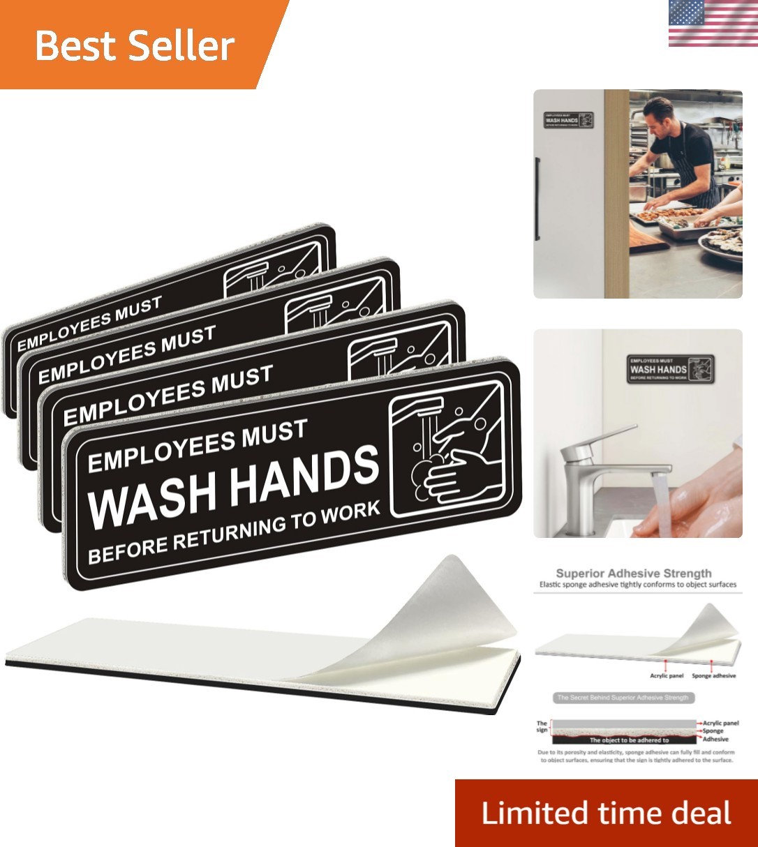 4 Pack Self-adhesive , 9″ x 3″ Durable Acrylic Hand Washing Signs with Symbo…