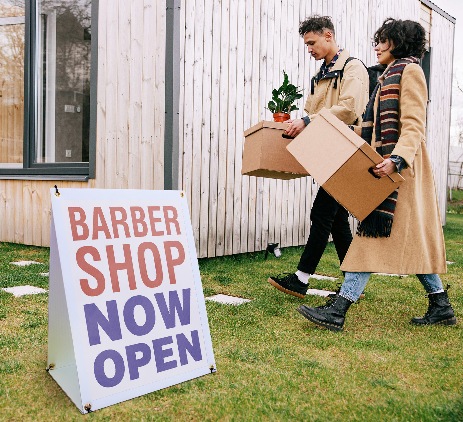 Barber Shop Now Open A-Frame Sidewalk Sign Salon Grand Opening Walk Ins Now