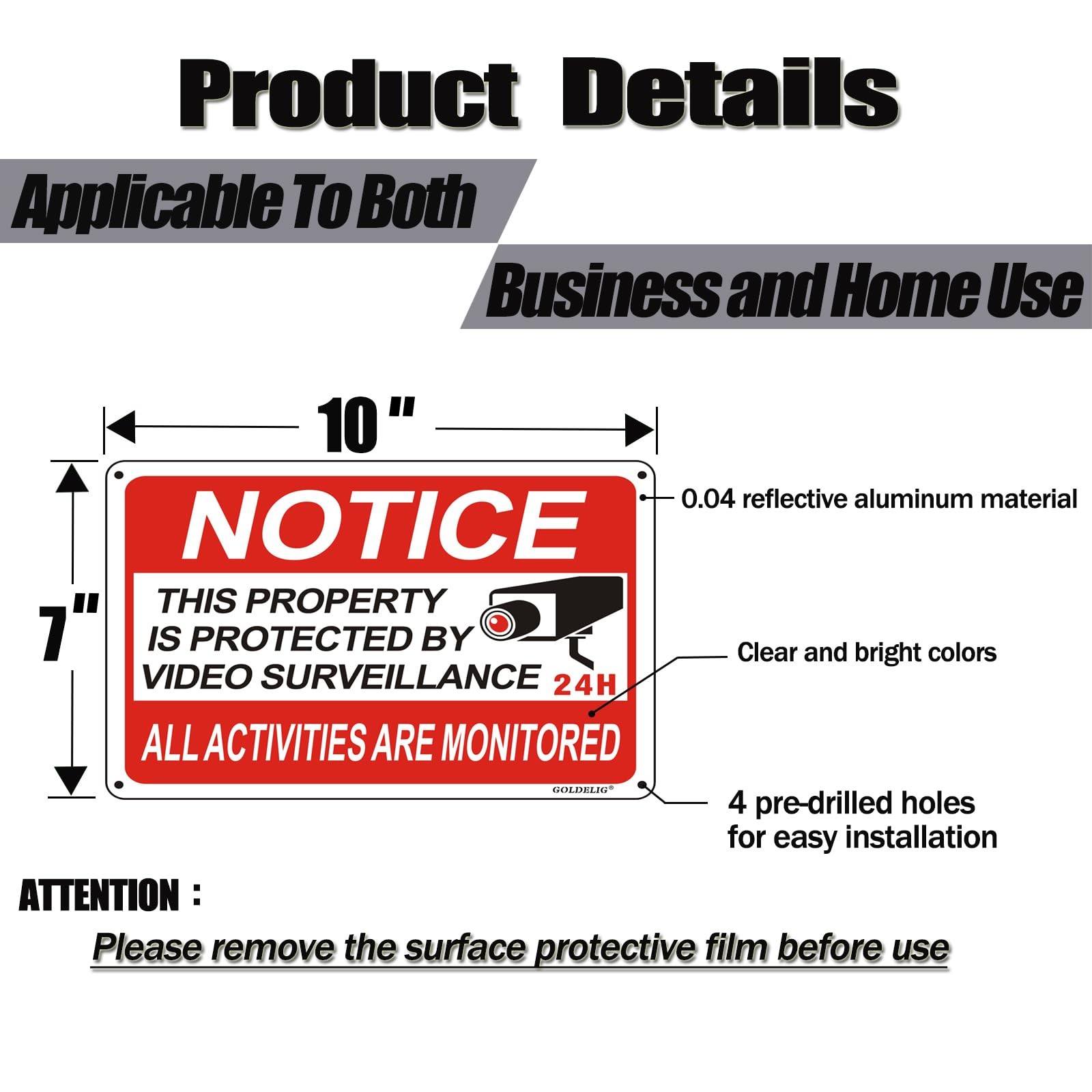 10×7 Inch .040 Aluminum Reflective Home Video Surveillance Security Sign 4 PCS