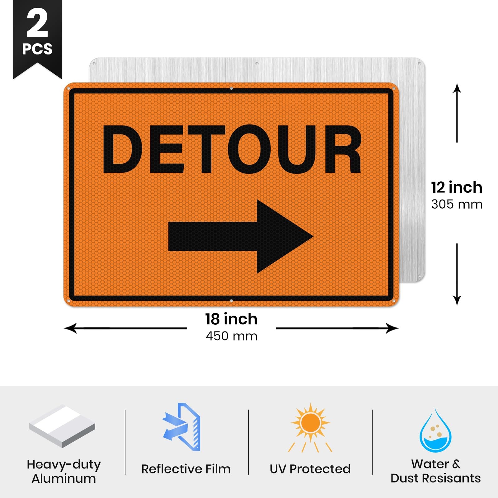 2 Pack 12×18 Inch Reflective Aluminum Detour With Right Arrow Traffic Sign