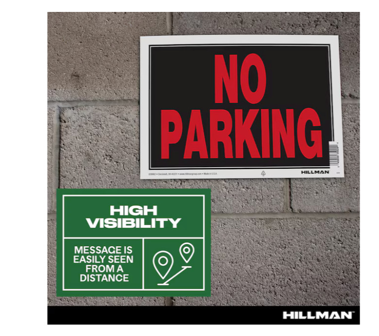 Hillman No Parking Sign 8-in x 12-in Plastic Prohibited Bold Durable Warning NEW