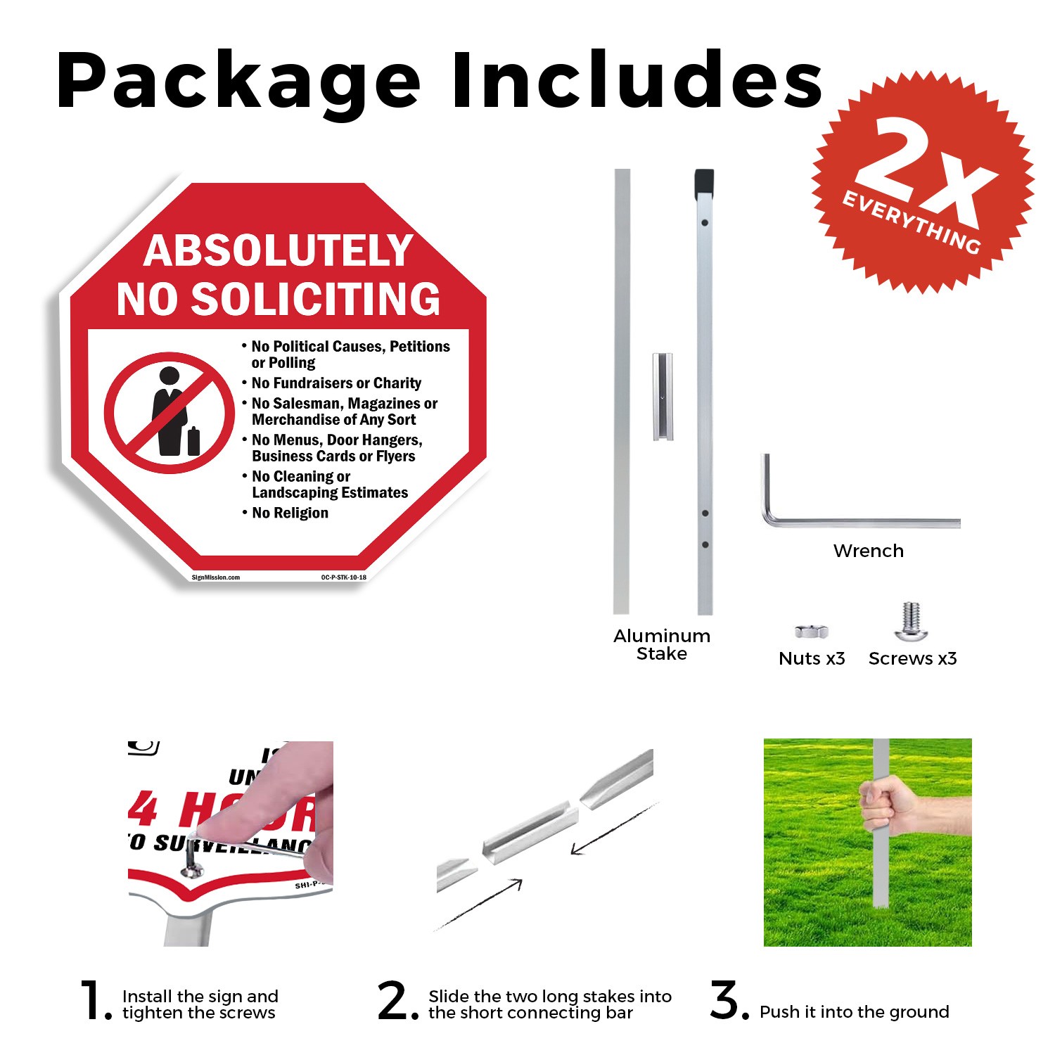 Absolutely No Soliciting No Poli Octagon Sign With Stake Weather Resistant