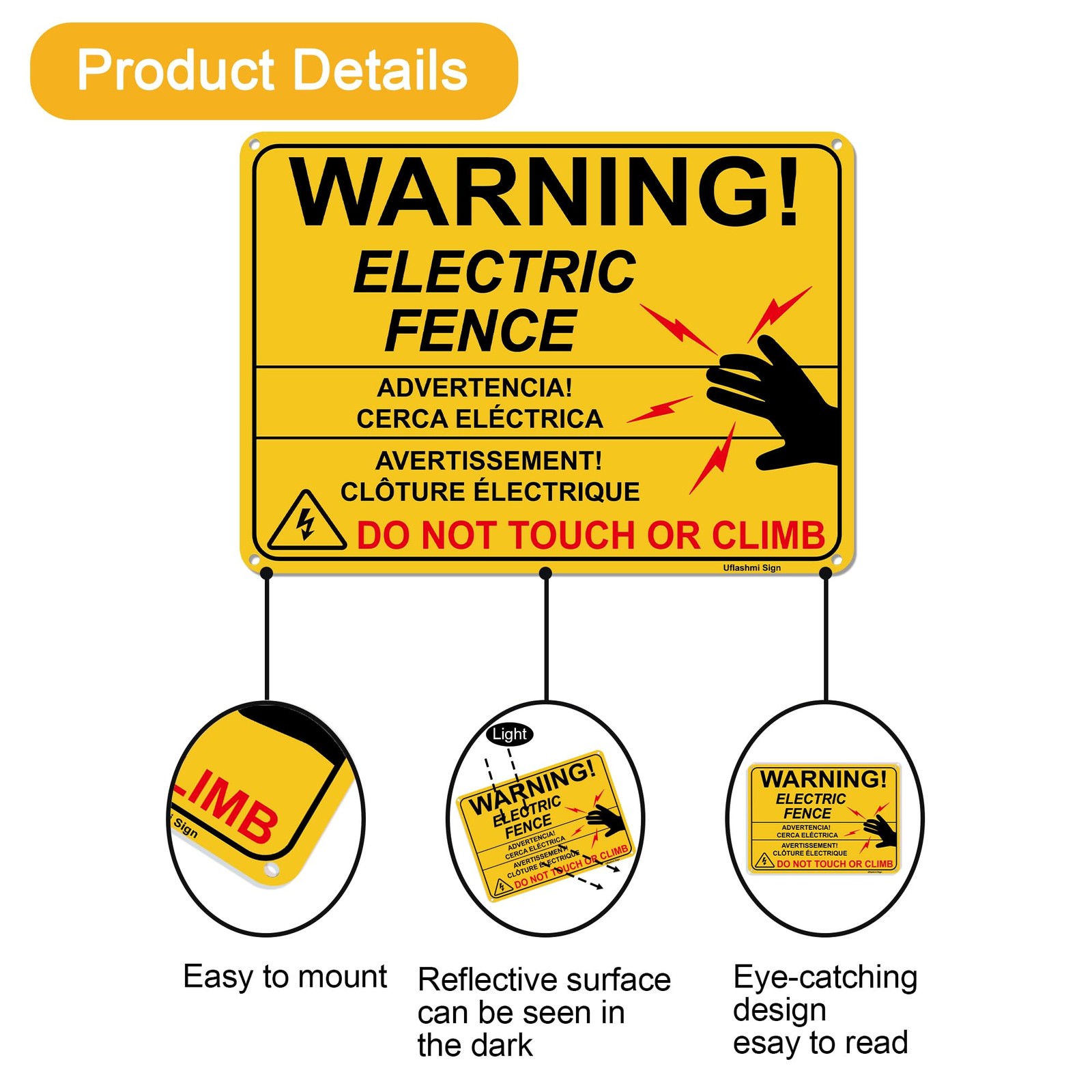 Uflashmi Electric Fence Warning Sign, Metal Electric Fence Signs, 10” x 7”, 2…