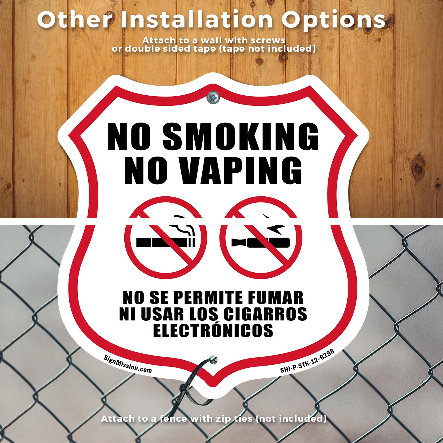 No Smoking No Vaping Bilingual English / Spanish Shield Shaped Sign With Stake