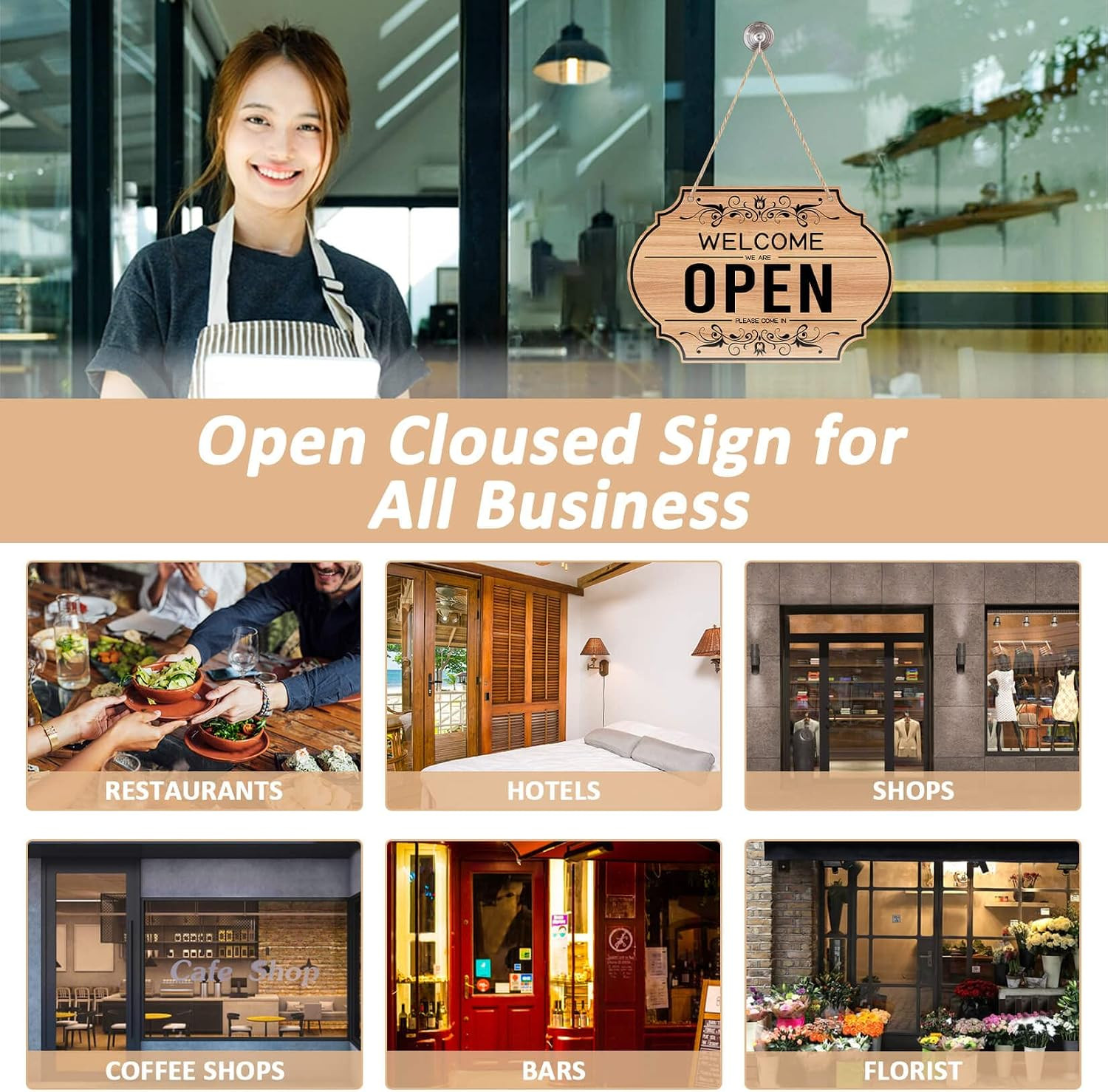 Open Signs – Double Sided Open Closed Sign Business Hours Hanging with Rope Hour