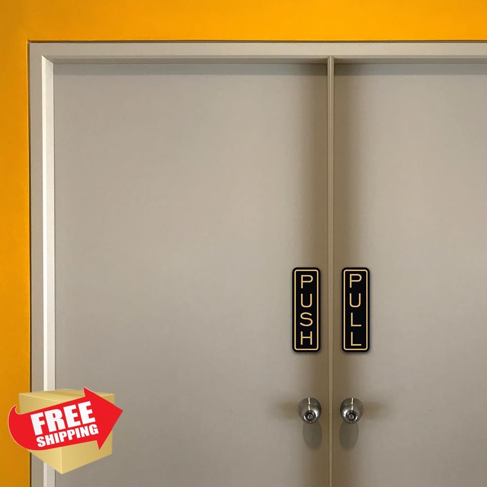 All Quality 5 Pack Vertical Push Pull Door Signs Black/Gold Medium