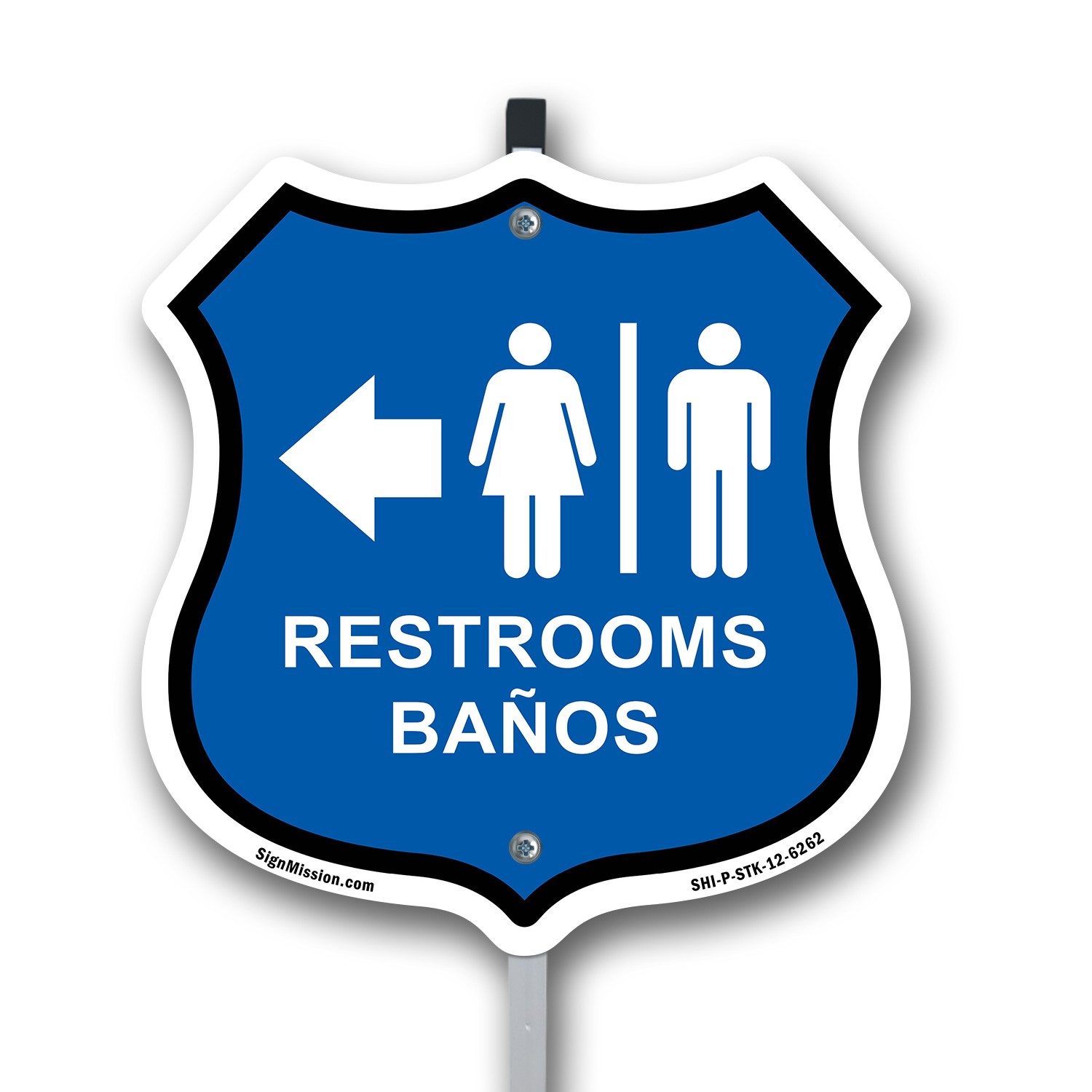 Restrooms Ba�os Left Arrow Bilingual English / Spanish Shield Sign With Stake