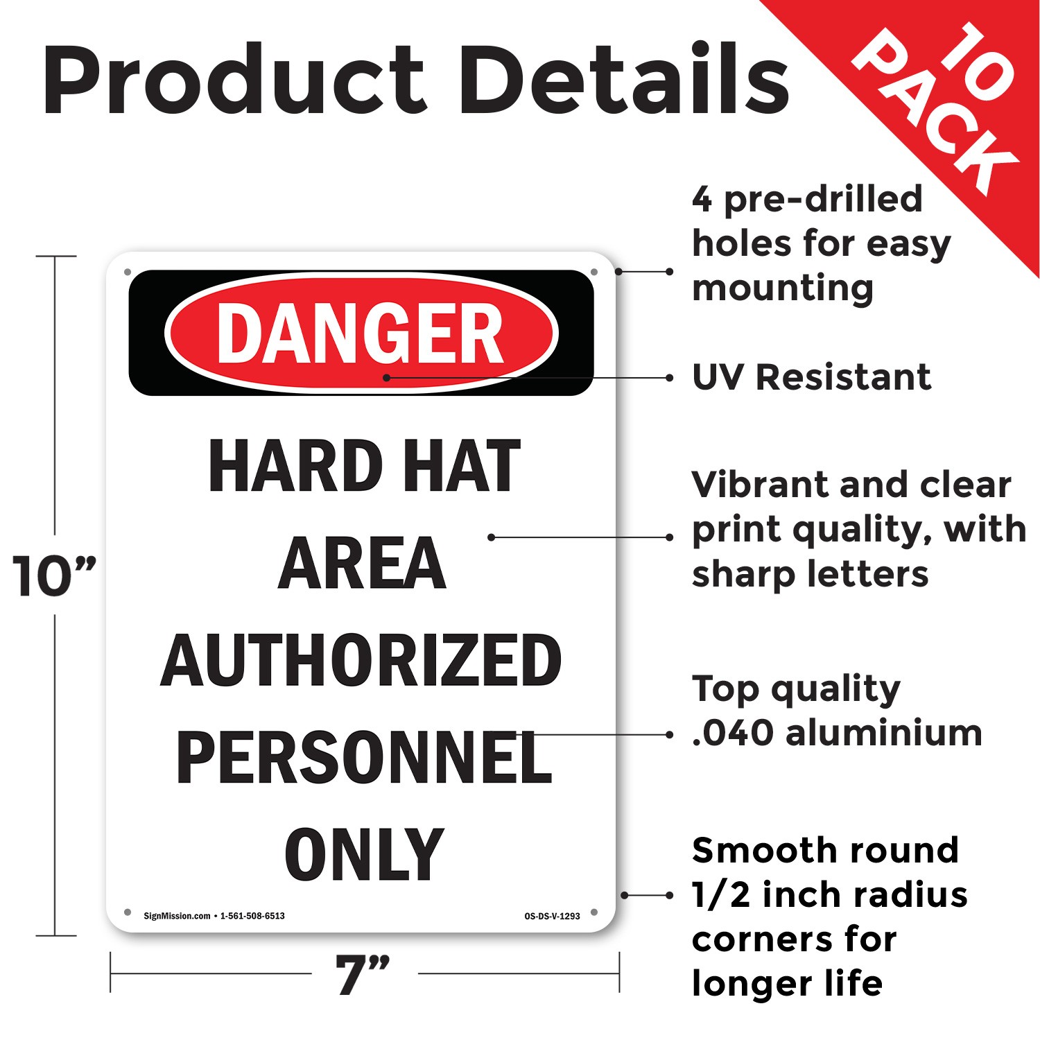 Portrait Hard Hat Area Authorized Personnel Only OSHA Danger Sign – 5 or 10 Pack