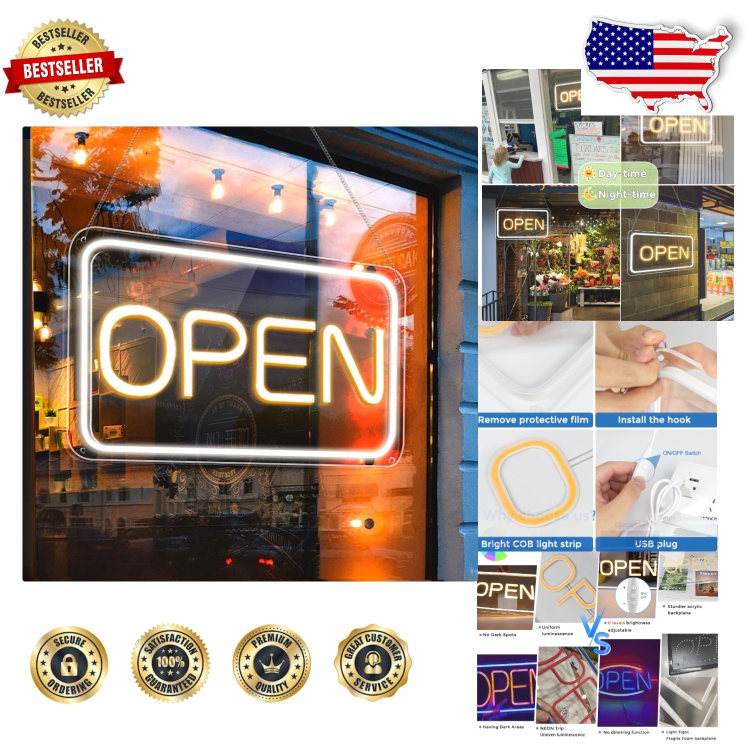 High-Quality Neon Open Sign 16″ Landscape Yellow White Business Display