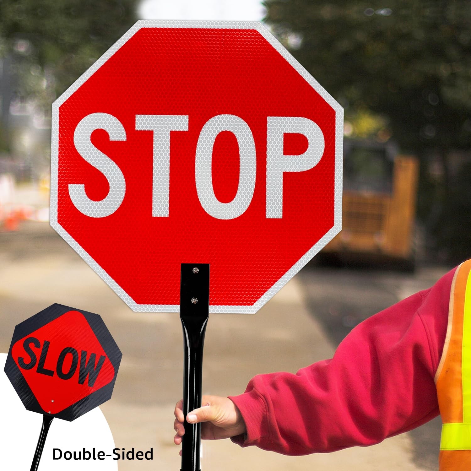 Gicnkeuz Stop Slow Sign Metal Handle 18X18 Inches Double Sided Slow/Stop Sign