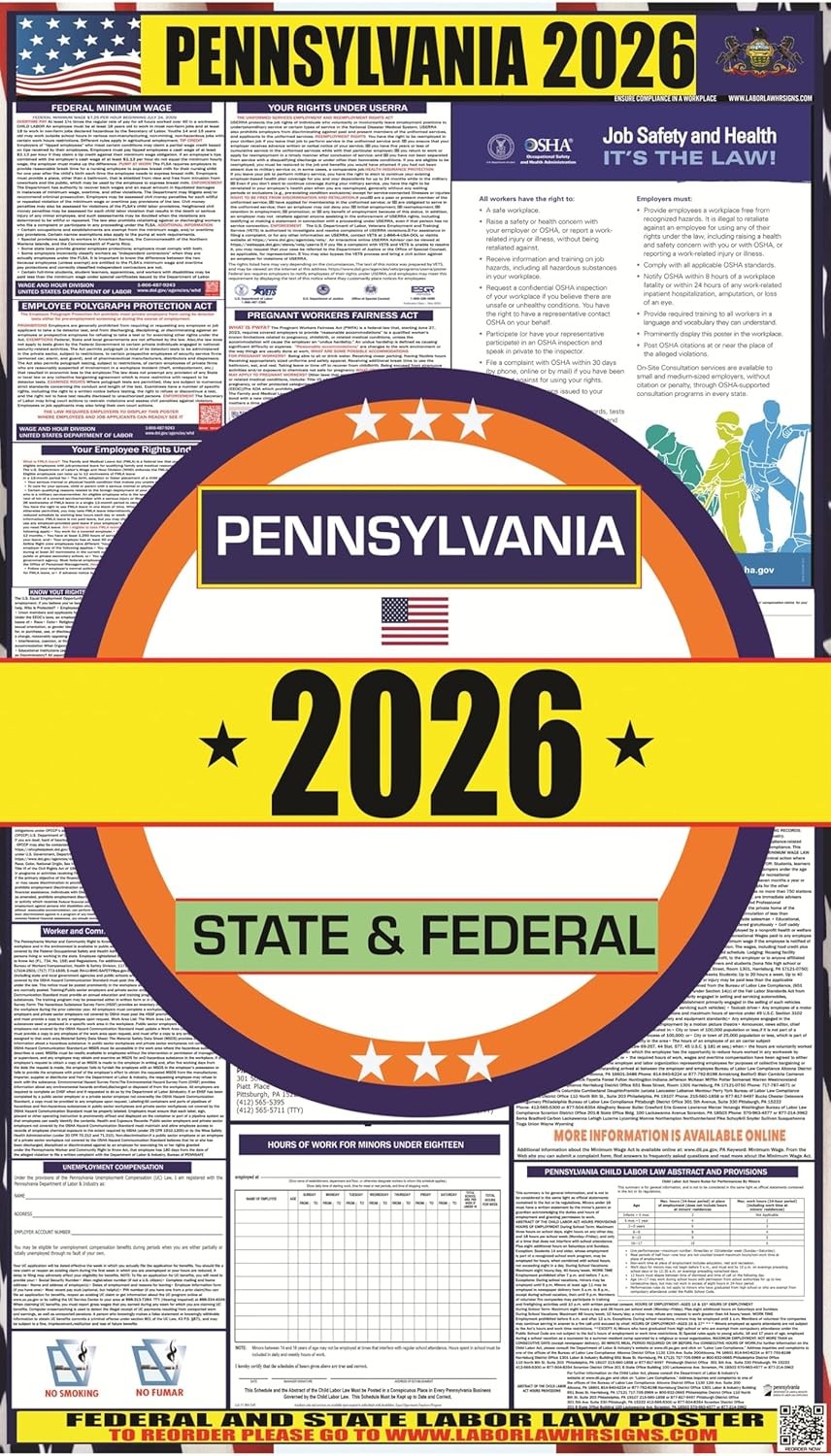 2026 Pennsylvania (PA) Labor Law Poster OSHA Federal State Laminated English