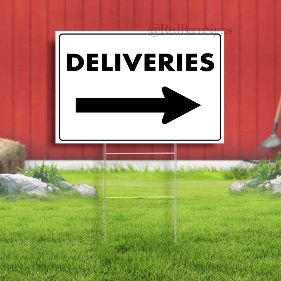 Deliveries Arrow Indoor Outdoor Yard Sign with metal stakes