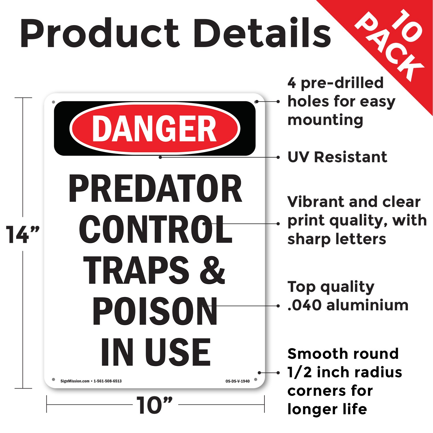 Portrait Predator Control Traps OSHA Danger Sign Metal,, Decal 5 or 10 Pack